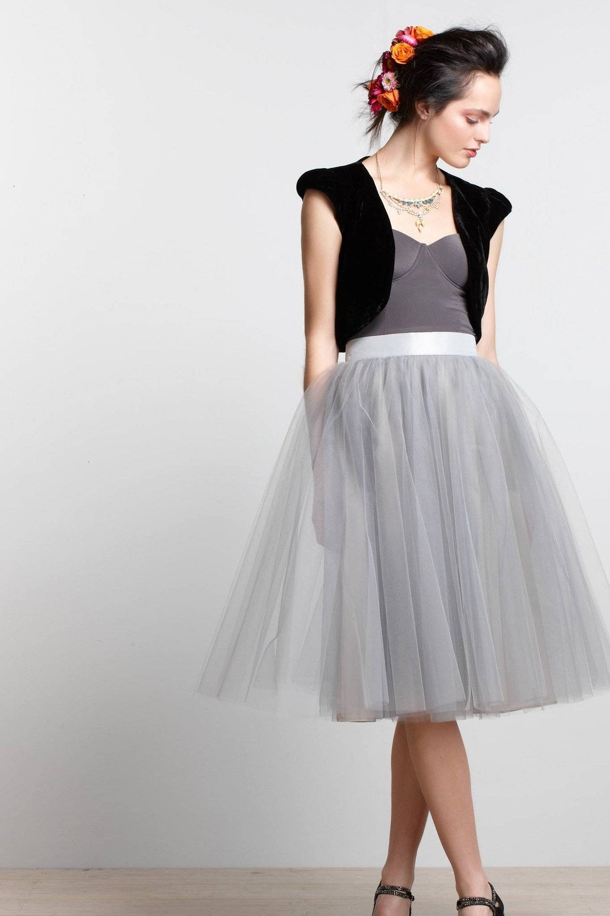 Fusta - FUSTA TULLE FIN GRI (cu Pense)